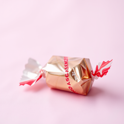 Create a high-resolution image of a wrapped candy on a transparent background with soft lighting, 50mm lens, f/2.8 aperture, ISO 100, shot from a slight overhead angle using a DSLR camera.