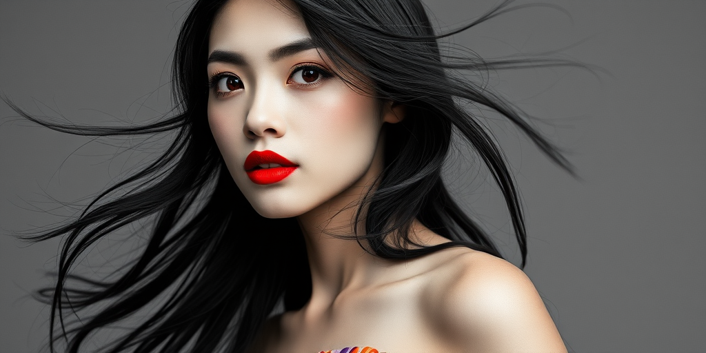 Photographic image of a beautiful young Singaporean woman, red eyes, lips with red lipstick, long hair fluttering in the wind and wearing a silk strapless dress with a soft purple and orange print. monochrome image with only color highlights in the iris of the eyes, lipstick and dress. Gray background.