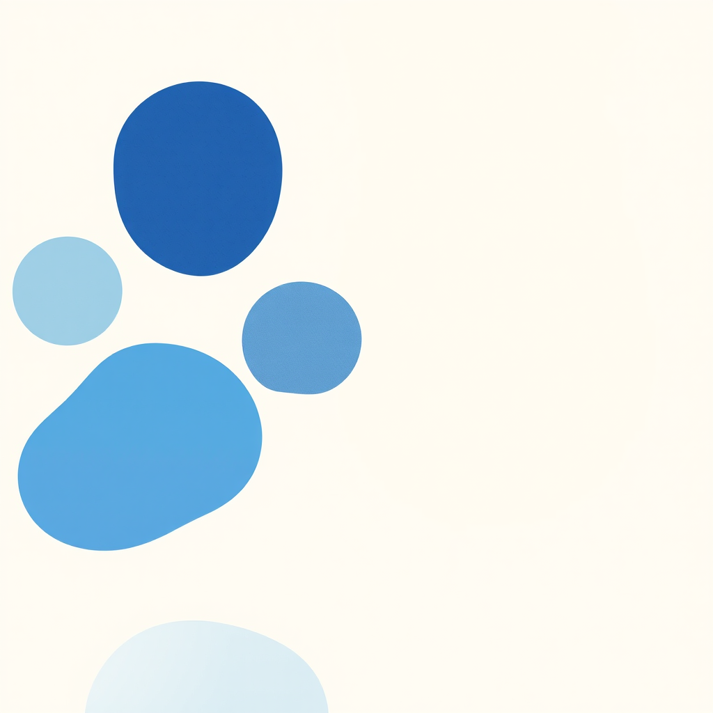 create a minimalist abstract artwork featuring organic shapes in varying shades of blue on a cream background, with soft lighting and a shallow depth of field, captured using a DSLR camera at f/2.8, ISO 100, and a 50mm lens