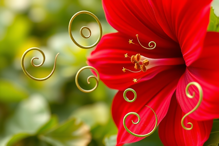 Create a high-quality vector illustration of a red flower with green swirling vines, shot with a Canon EOS R5, 50mm lens, f/2.8 aperture, ISO 100, natural light, focusing on vibrant colors and smooth lines.