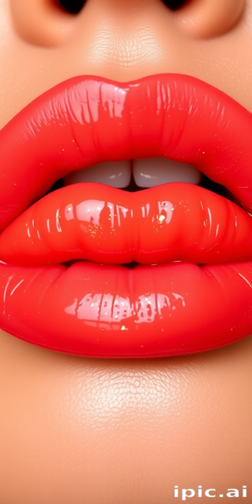 Vibrant coral sunset lips with a glossy finish, featuring a subtle ombre effect and flecks of gold, known as "Tropical Paradise Pout"