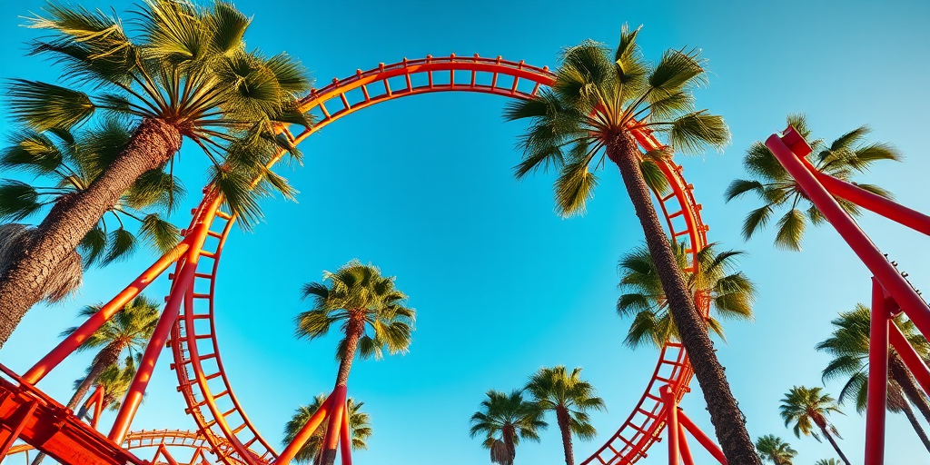 high-resolution image of a roller coaster loop surrounded by palm trees, captured with a Canon EOS 5D Mark IV, 50mm lens, aperture f/4, shutter speed 1/1000 sec, ISO 100, vibrant colors and dynamic angle, daytime setting with clear skies