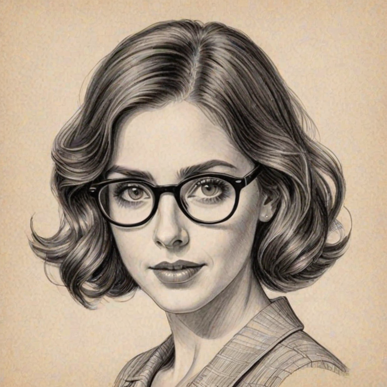 Attractive Alison Brie, pencil sketch, portrait of Attractive woman 1930s in glasses, hair style beatnik, outline, clear lines, fine lines, 8k