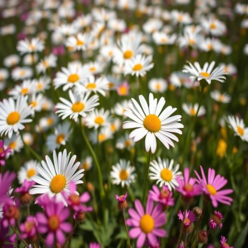 Close-up shot of a field of white daisies with vibrant pink wildflowers in the foreground, using a DSLR camera with a 50mm lens, aperture f/2.8 for shallow depth of field, ISO 200, and natural lighting for enhanced color vibrancy.