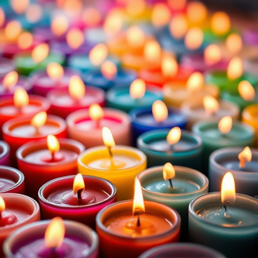 a vibrant display of multicolored candles arranged in a grid pattern, with soft flames flickering, taken with a DSLR camera, aperture f/2.8, shutter speed 1/60s, ISO 200, macro lens, using a warm color filter for enhanced glow and detail in the wax textures