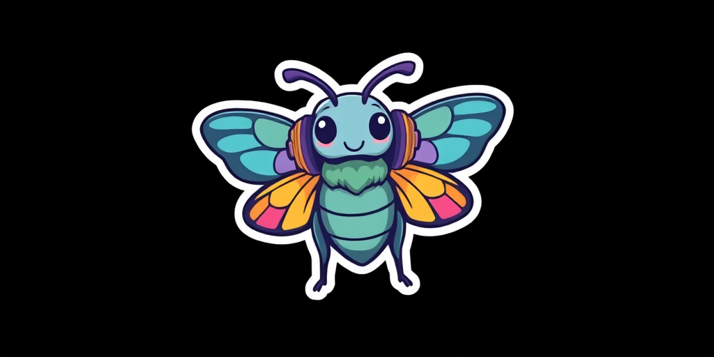 this image is sticker, Happy Colorful Moth wearing Headphones, kawaii, contour, vector, black background