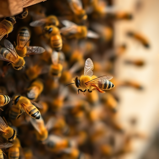 Close-up shot of honeybees in flight around their hive, shallow depth of field, 85mm f/1.8 lens, aperture priority mode, ISO 100, natural lighting, high-speed shutter, DSLR camera.