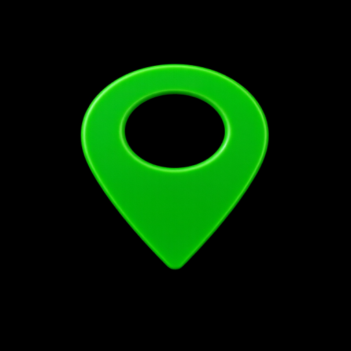 Create a high-resolution image of a green location pin icon on a black background, using a DSLR camera with a 50mm lens, aperture at f/1.8, ISO 100, and a focus on vibrant colors to enhance clarity and detail.
