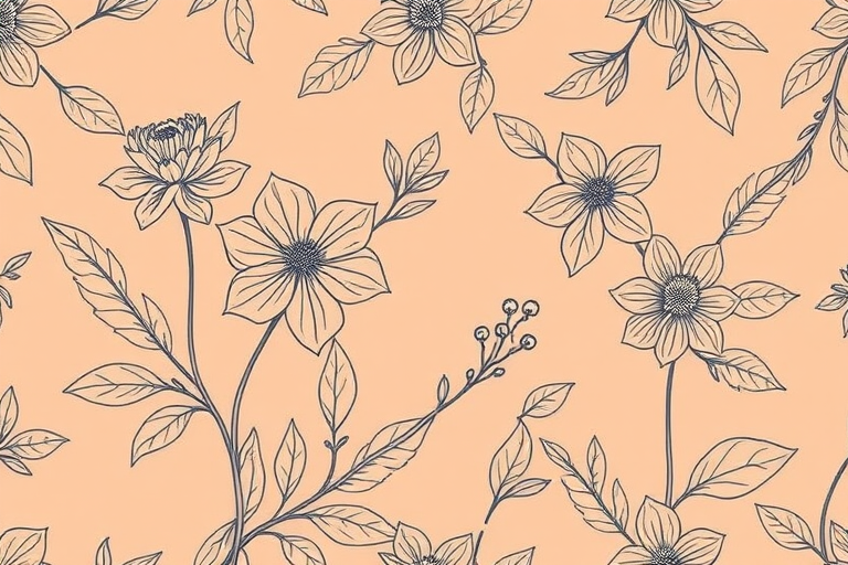 Create a seamless pattern design featuring intricate line art of blooming flowers and leaves on a soft peach background, captured with a Canon EOS R5, 50mm lens, aperture f/8, ISO 100, in natural light for enhanced detail and texture.