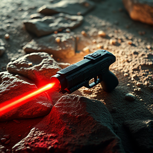 Create a high-resolution image of a futuristic laser weapon on a textured rocky surface with a dramatic light beam emanating from it, using a DSLR camera with a 50mm lens, f/1.8 aperture, ISO 100, and a macro view to enhance details and depth, in a cinematic style with high contrast lighting.