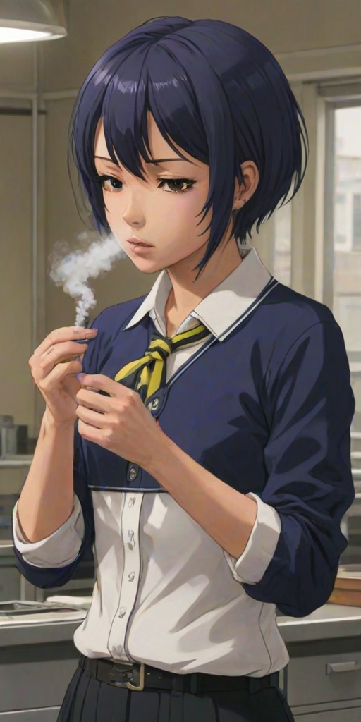 Experimenting with new gadgets in her lab, Naoto accidentally sets off a smoke bomb. Her coughs and hurried fanning, combined with a bashful apology, show her endearing, less polished side.