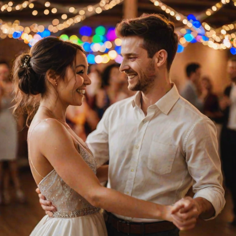 Blurry action shot of a young couple dancing joyfully at a wedding reception, colorful lights twinkling overhead, with guests softly blurred in the background.
