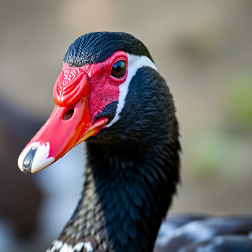 Close-up of a Muscovy duck with vibrant red facial features and contrasting black and white feathers, captured at f/2.8 aperture, ISO 200, 50mm lens, natural lighting, shallow depth of field, DSLR camera.