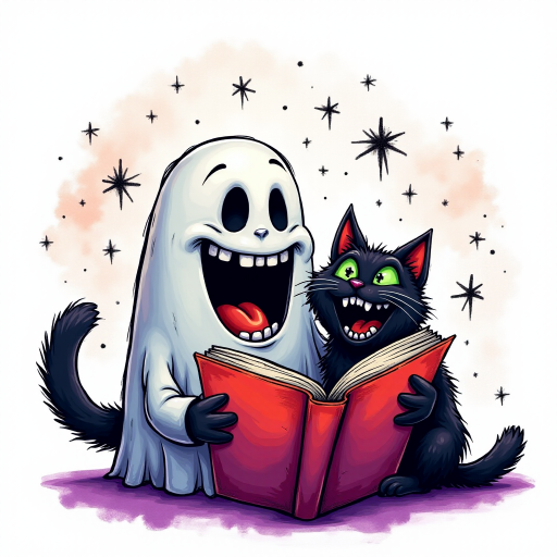 Image of a ghost and a black cat laughing exaggeratedly , and reading a comic halloween comic book, alcohol ink airbrush style, funny halloween theme, white background with neon purple, neon orange, neon green splash, black sparkles stars , dazzling BG