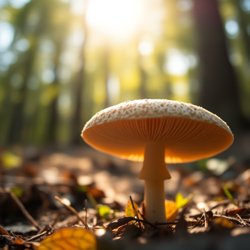 Close-up of a mushroom in a sunlit forest, with soft bokeh background, aperture f/2.8, ISO 200, shutter speed 1/250s, captured using a DSLR camera with a 50mm lens.