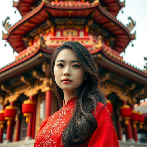 Portrait of a woman in a red dress with a serene expression, posed in front of an ornate pagoda surrounded by intricate decorations, taken with a Canon EOS R5, 24mm lens, f/2.8, ISO 100, 1/250 sec, in vibrant colors and high dynamic range.