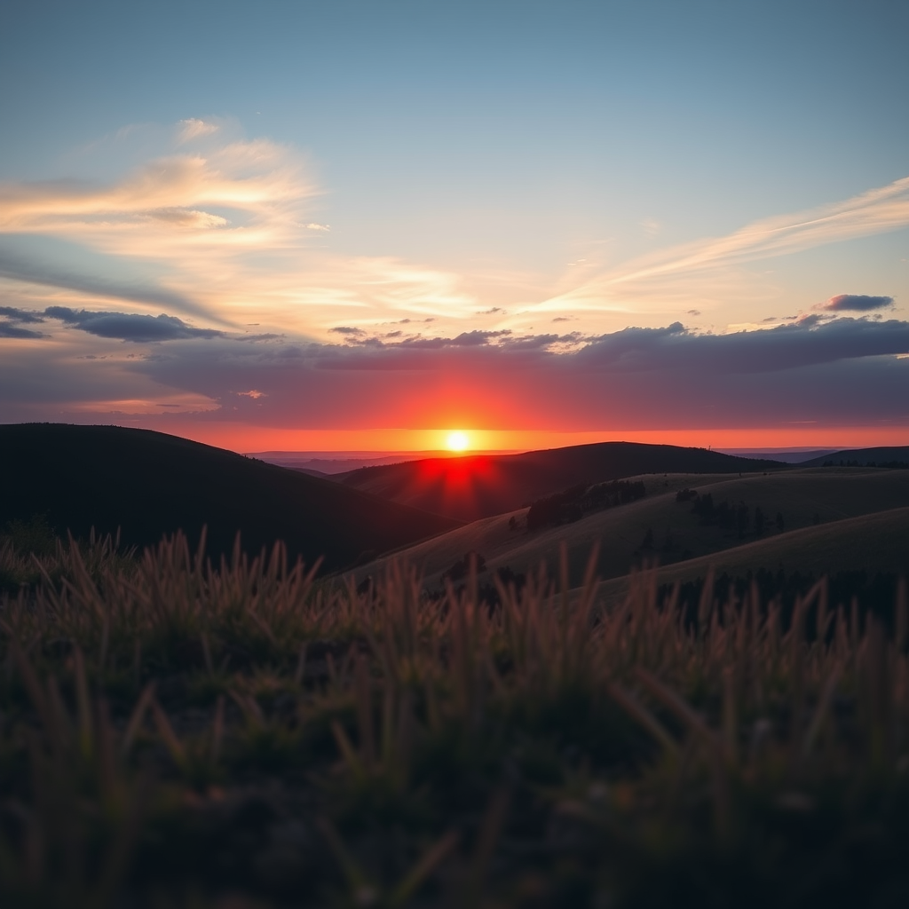 Create a high-resolution image of a serene landscape featuring rolling hills and a vibrant sunset, captured with a Canon EOS R5 at f/8, ISO 100, 1/200s, with a wide-angle lens from a low angle view to enhance depth and detail.