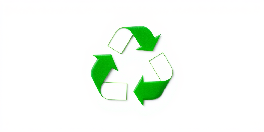 Create a high-resolution image of a green recycling symbol against a white background, using a DSLR camera with a 50mm lens, f/2.8 aperture, ISO 100, and a slight overhead angle for depth.