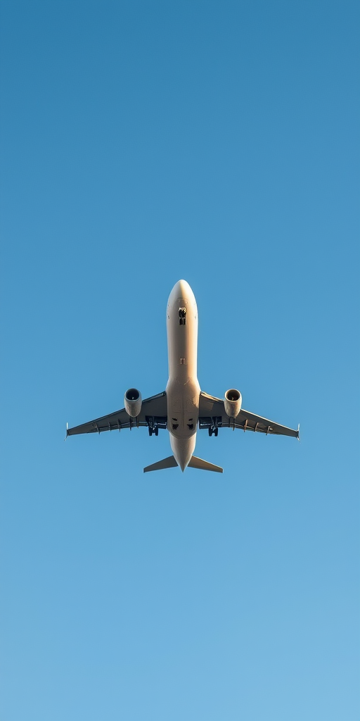 capture a high-resolution image of an airplane flying overhead against a blue sky, using a DSLR camera with a 50mm lens, aperture f/8, shutter speed 1/500s, iso 100, shot from ground level in landscape orientation