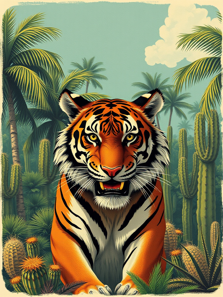 Create a vintage-style illustration featuring a fierce tiger in a lush, tropical setting with palm trees and cacti, using a DSLR camera at f/8 aperture, ISO 200, with a 35mm lens, capturing vibrant colors and intricate details.