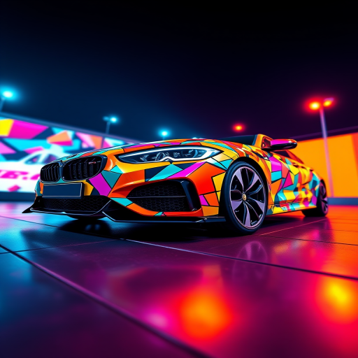 Create a vibrant digital illustration of a modern car with geometric patterns and bright colors, featuring a low-angle view, using a DSLR camera with a 35mm lens at f/2.8, ISO 100, and a shutter speed of 1/200s to capture sharp details and enhance color vibrancy.