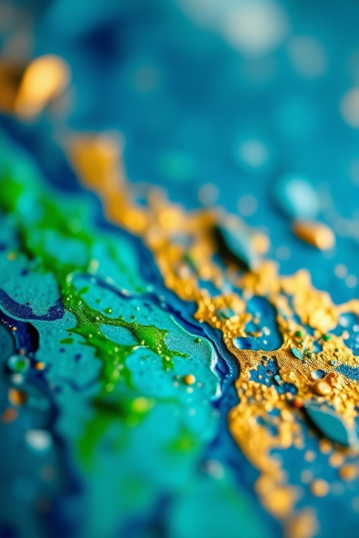 high-resolution abstract texture with vibrant blue, green, and gold colors, soft focus, macro lens, f/2.8 aperture, ISO 100, shot at 50mm focal length, natural light, DSLR camera