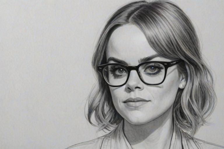 Fetching Taryn Manning, pencil sketch, portrait of Sublime woman 1954s in glasses, hair style beatnik, outline, clear lines, fine lines, 8k