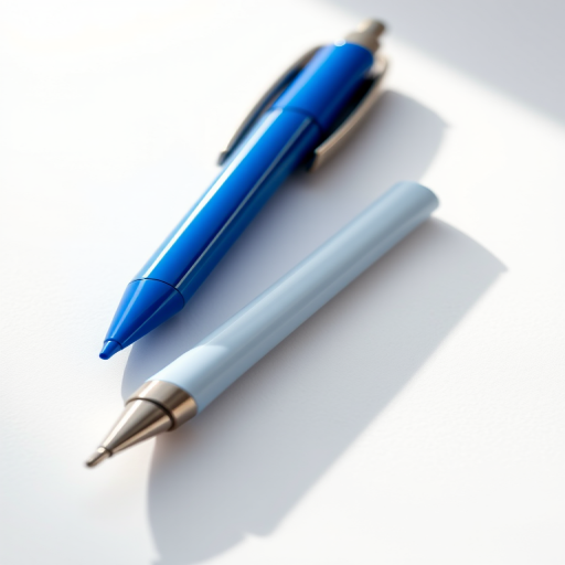 create a highly detailed vector illustration of a blue 0.5 mm pen lying on a flat surface with a soft shadow under it, using a Canon EOS R camera, 50mm lens, aperture f/2.8, ISO 100, natural daylight for optimal clarity and color accuracy