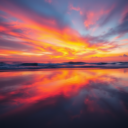 Capture a high-resolution image of a vibrant sunset over a calm beach, using a DSLR camera with a 24mm lens, aperture f/8, ISO 200, and a shutter speed of 1/125 second, from a low angle perspective to emphasize the reflection on the water and the colorful sky.