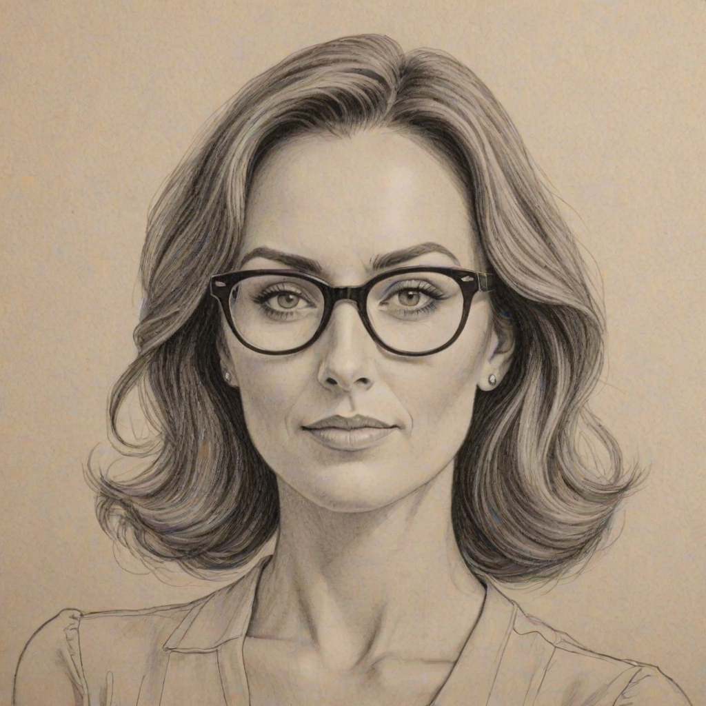 Elegant Laura Benanti, pencil sketch, portrait of Captivating woman 1952s in glasses, hair style beatnik, outline, clear lines, fine lines, 8k