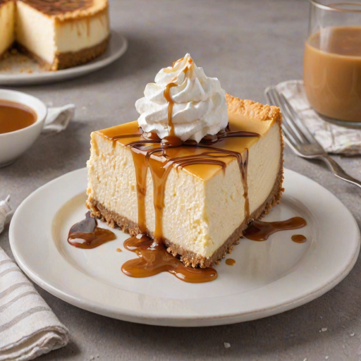 Create an image of a delicious cheesecake with a smooth, creamy texture topped with swirls of whipped cream. The cheesecake is set on a white plate, showcasing a graham cracker crust. Include a small bowl of caramel sauce on the side for drizzling. The background should be simple and light to highlight the dessert.