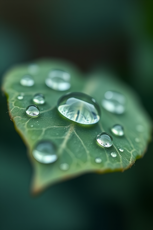 Close-up of a green leaf with water droplets, shallow depth of field, 100mm macro lens, f/2.8 aperture, ISO 200, natural light, focus on the droplets, soft bokeh background, DSLR camera.