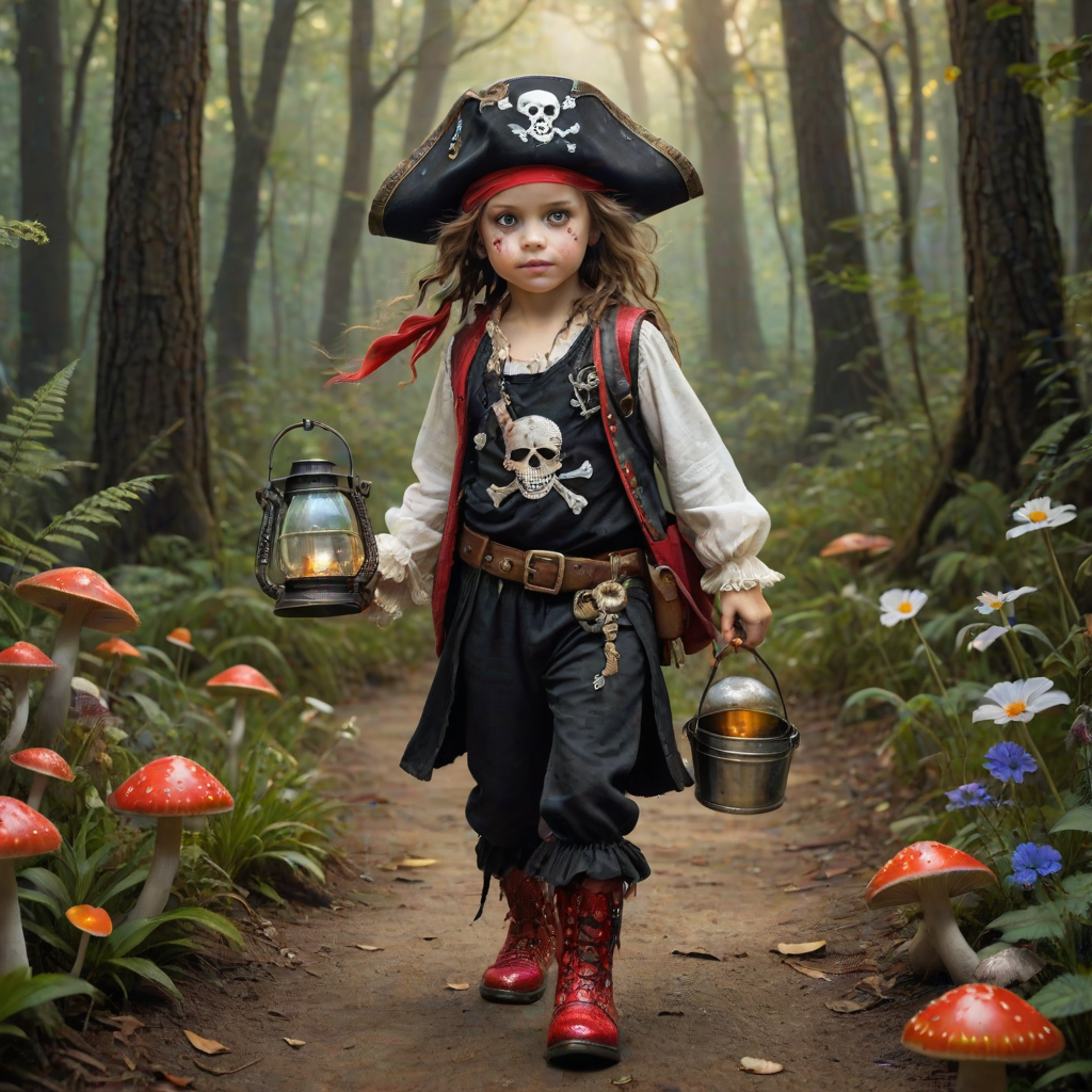 ultra detailed, photo realistic, painterly, of a little girl pirate, patch over one eye, black bandana over hair, walking and carrying an white ghost bucket and a lantern in the other hand, with bright red croc shoes, background path in the enchanted forest, wildflowers, colorful mushrooms misty hues of black and orange with bright gold glitter, ultra detailed