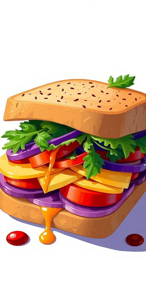 Create a vibrant illustration of a sandwich filled with colorful vegetables and sauces, using a DSLR camera with a 50mm lens, f/2.8 aperture, soft lighting, and a slightly above angle view to enhance details and textures.