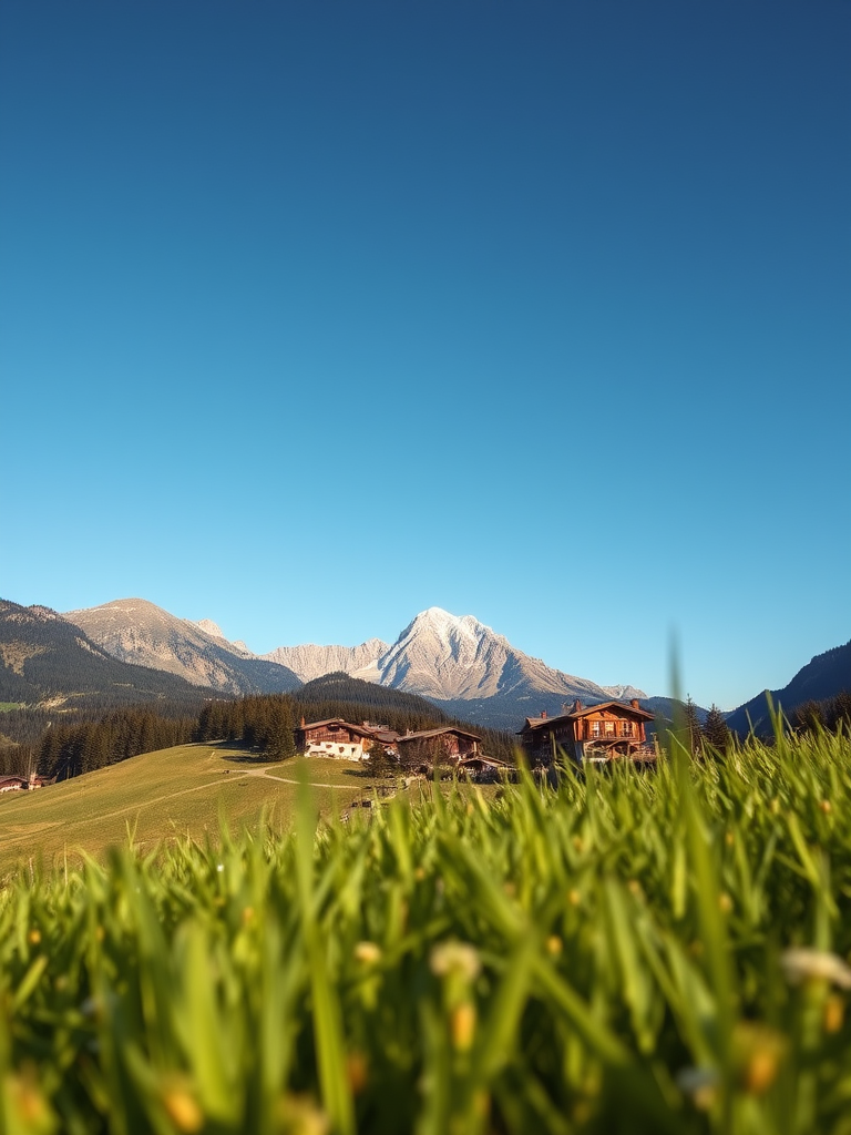 capture a picturesque scene of a mountain landscape with a clear blue sky, lush green grass in the foreground, traditional alpine houses nestled among trees, use a DSLR camera with a 24mm lens, aperture f/8, ISO 100, shutter speed 1/250s, in landscape orientation, vibrant colors and high dynamic range