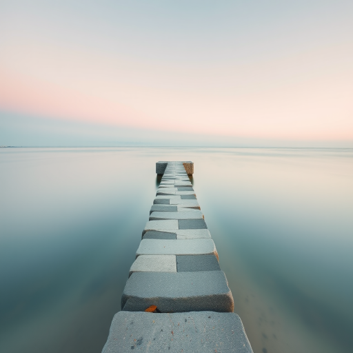 Create a serene beach scene featuring a smooth stone jetty extending into calm water under a soft, pastel sky, captured with a Canon EOS R5 using a 24-70mm f/2.8 lens at f/11, ISO 100, and a shutter speed of 3 seconds for a long exposure effect, aiming for a minimalistic and tranquil composition.