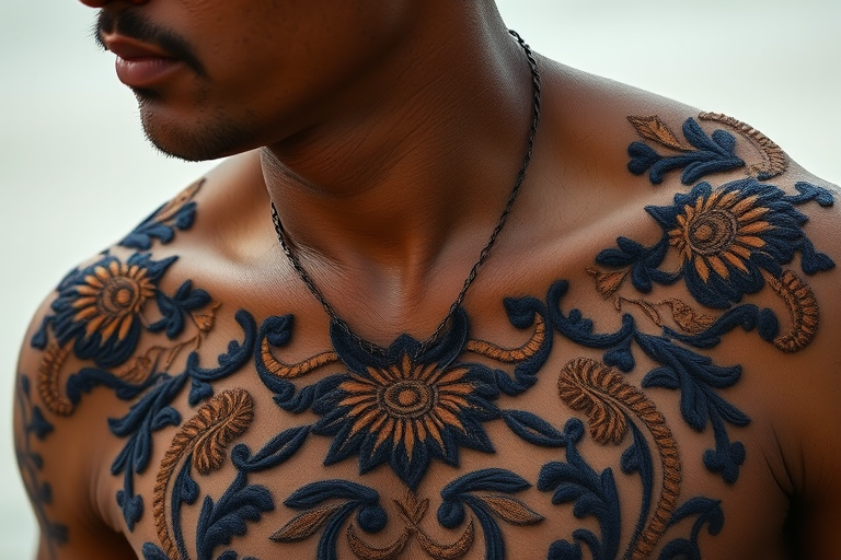 Face, shoulders, chest covered in openwork Pacific Islander embroidery. Raw, unedited image.