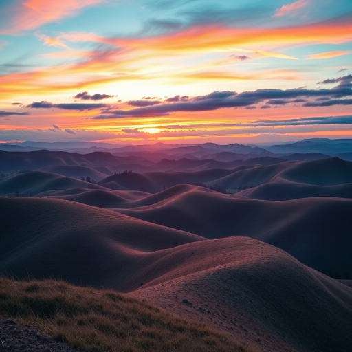 Create an image of a scenic landscape featuring rolling hills at sunrise, with vibrant colors in the sky, captured using a DSLR camera at f/8 aperture, ISO 100, with a wide-angle lens at 24mm, shot in landscape orientation for maximum detail and clarity.