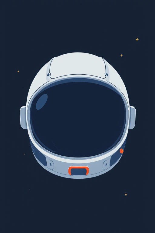 Create an illustration of an astronaut's helmet with a minimalistic design, featuring a dark starry background, using a Canon EOS R5 camera, 50mm lens, f/1.8 aperture, ISO 100, and a soft focus style.