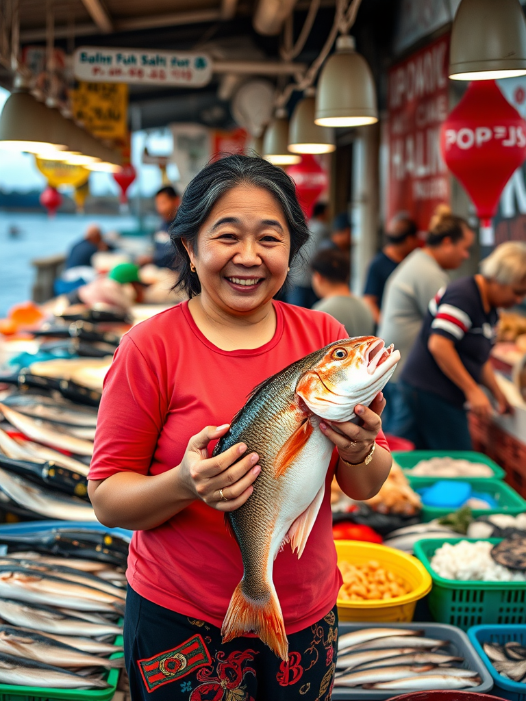Bustling fish market by the pier, filled with vibrant colors and the sound of vendors shouting their prices, a woman holding a fresh catch with a smile.