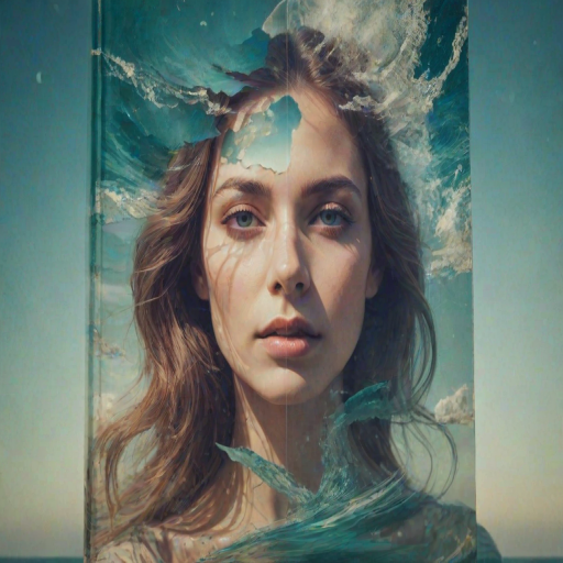 imagine Book cover, A surreal double exposure portrait that blends a woman's face with a beautiful seascape. The overall mood is dreamy and mystical, with rich colors and intricate details