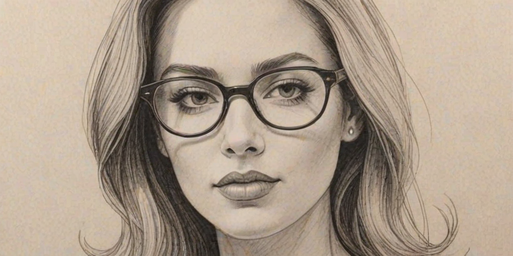 Ravishing Mariana Trevino, pencil sketch, portrait of Graceful woman 1968s in glasses, hair style beatnik, outline, clear lines, fine lines, 8k