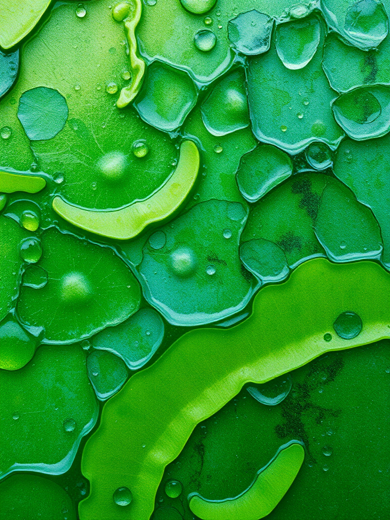 Create a vibrant abstract texture with shades of green and hints of blue, featuring a blend of organic patterns, captured with a Canon EOS R5 at f/8, ISO 100, 1/125 sec, top-down view, macro lens, high-resolution image quality.