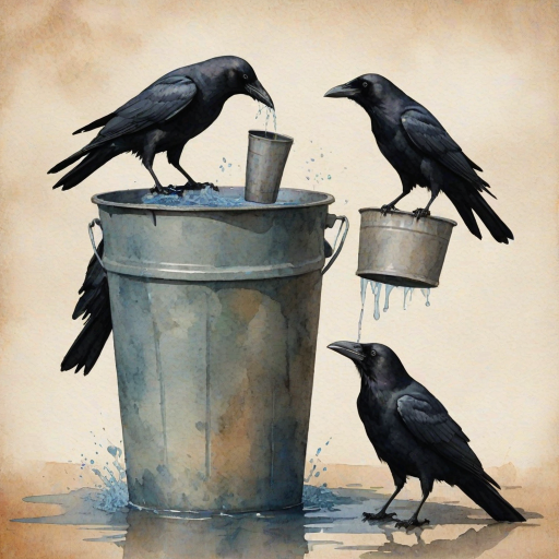 Create a watercolor painting of the silhouette of crows drinking water from a bucket, with muted colors and a textured background.