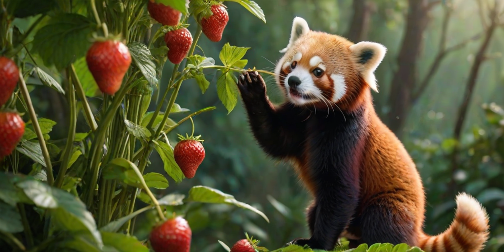 a redpanda is standing up and reaching for a strawberry that hangs on a plant, cute