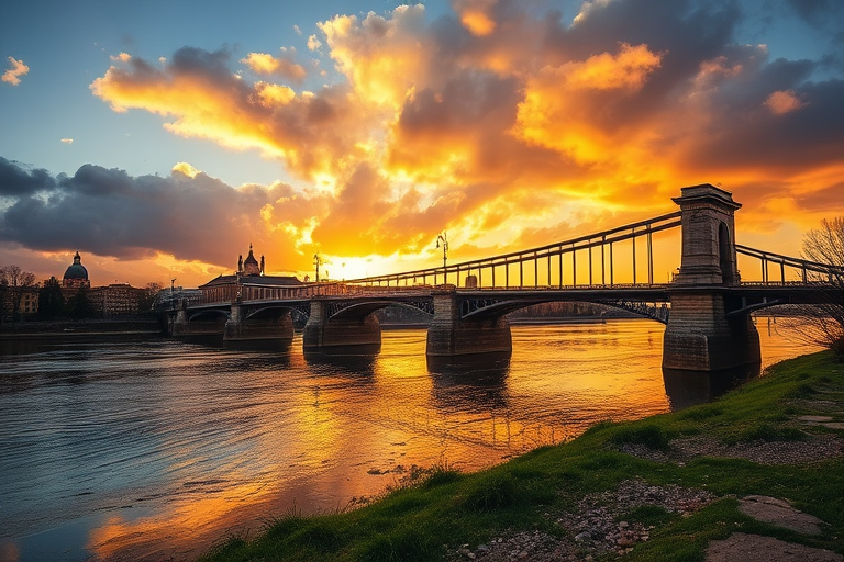 Capture a scenic view of a historic bridge over a river during the golden hour with dramatic clouds reflecting in the water, use a DSLR camera with a 24mm lens, aperture set at f/8, ISO 200, and a shutter speed of 1/100 sec to enhance image clarity and depth.