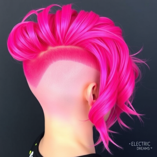 Bubblegum pink asymmetrical undercut, crafted by "Electric Dreams" stylists, featuring a closely shaved side with intricate geometric patterns etched in, contrasting with longer, wavy locks on the opposite side, accented by neon yellow peek-a-boo highlights for a bold, futuristic look.