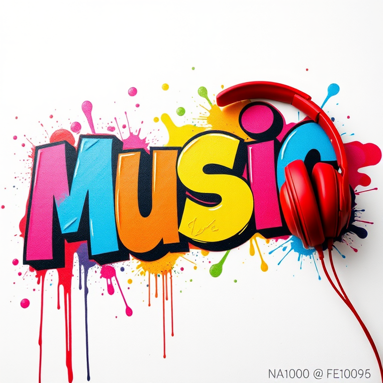 Create a vibrant graffiti-style image of the word "music" with colorful lettering, splashes of paint, and a pair of red headphones, captured with a DSLR camera at f/8 aperture, ISO 100, 50mm lens, in natural lighting and a close-up view to enhance clarity and detail.