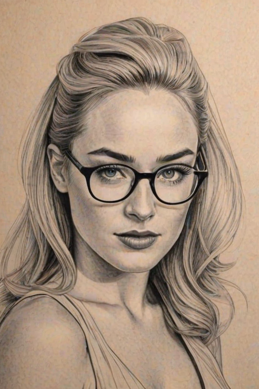 Resplendent Caity Lotz, pencil sketch, portrait of Alluring woman 1939s in glasses, hair style beatnik, outline, clear lines, fine lines, 8k