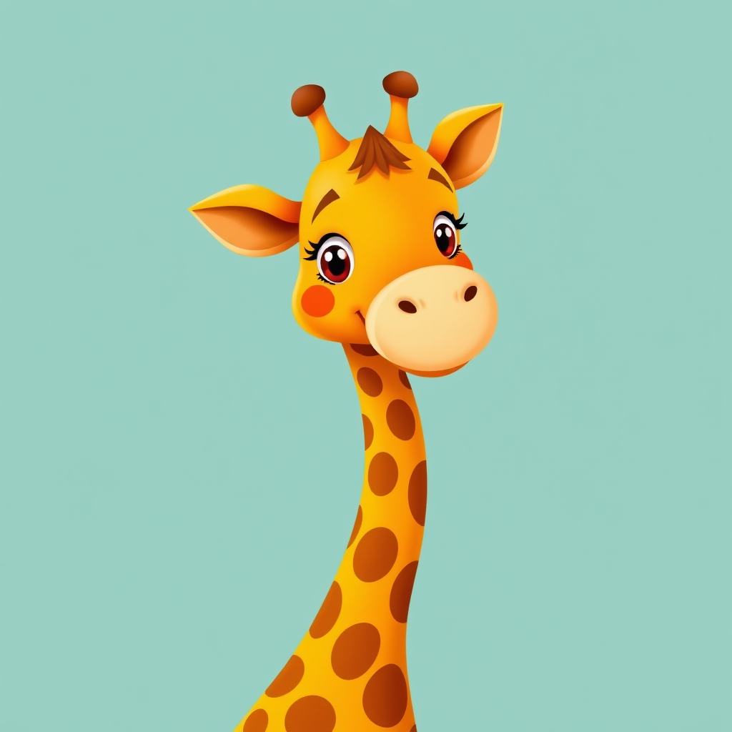 Create a cartoon-style illustration of a cheerful orange giraffe with brown spots, standing against a teal background, using a DSLR camera with a 50mm lens, aperture f/2.8, ISO 100, and soft lighting for enhanced image quality.